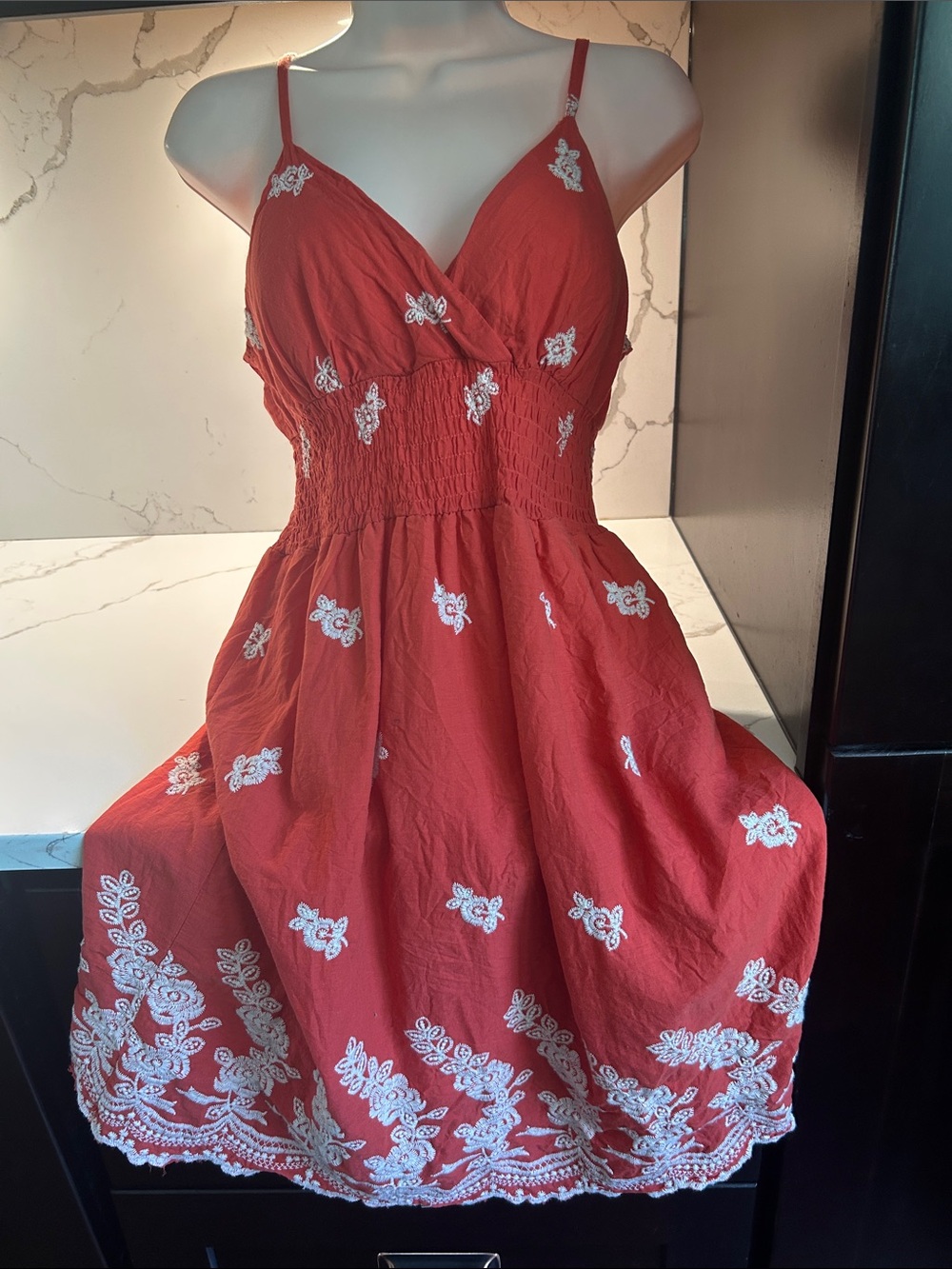 Coral Embroidered Sundress with Adjustable Straps -100% cotton
